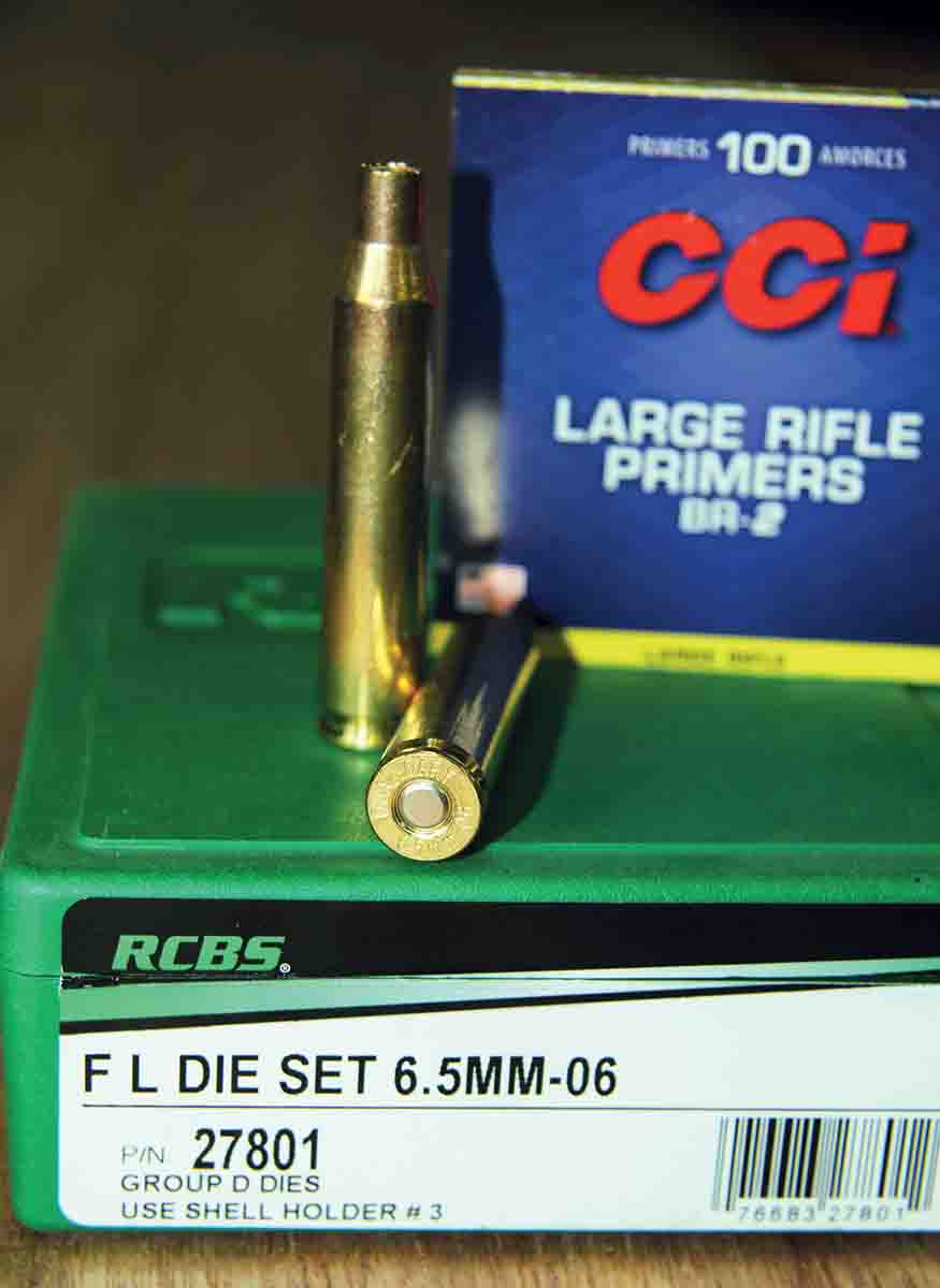 Patrick used Quality Cartridge brass, RCBS full-length dies and CCI BR-2 Large Rifle primers to assemble the accompanying 6.5-06 test loads.